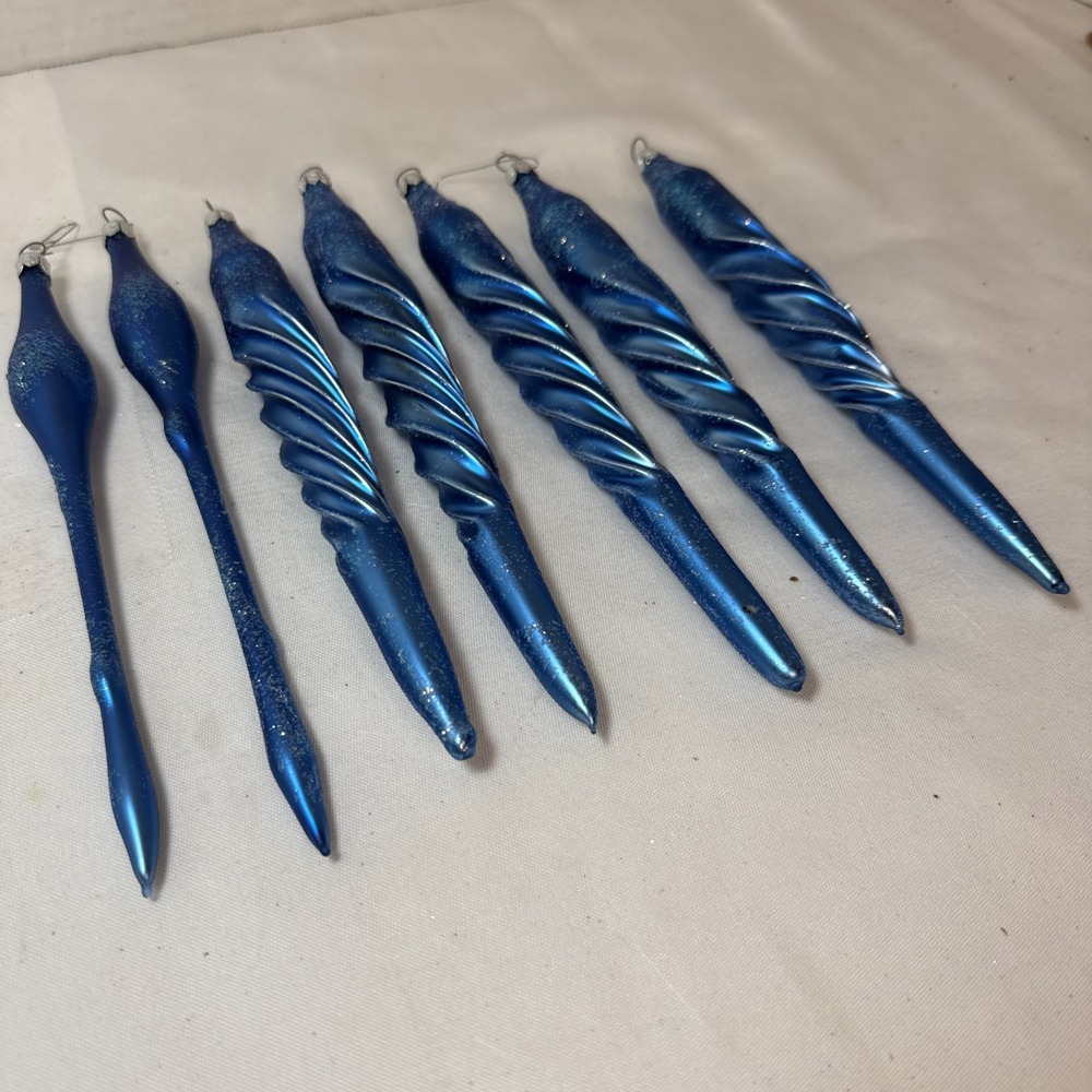 VTG Blue Twisted Glass Icicle Teardrop Glitter Ornaments Germany Poland Lot 7